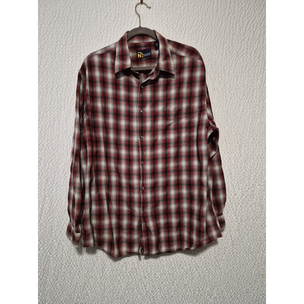 Nautica Jean Co Plaid Casual Button Down Shirt Black Red Tan Sz XL Cotton I0252